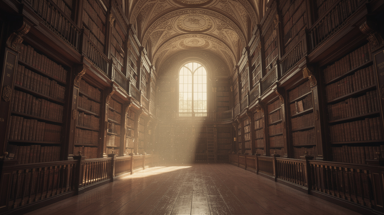 Old library interior with tall wooden bookshelves and soft hazy light