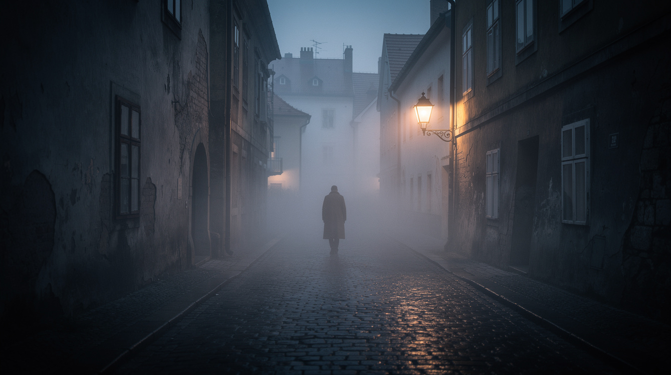 Foggy cobblestone street in Zagreb's Upper Town at night with a single lit streetlamp