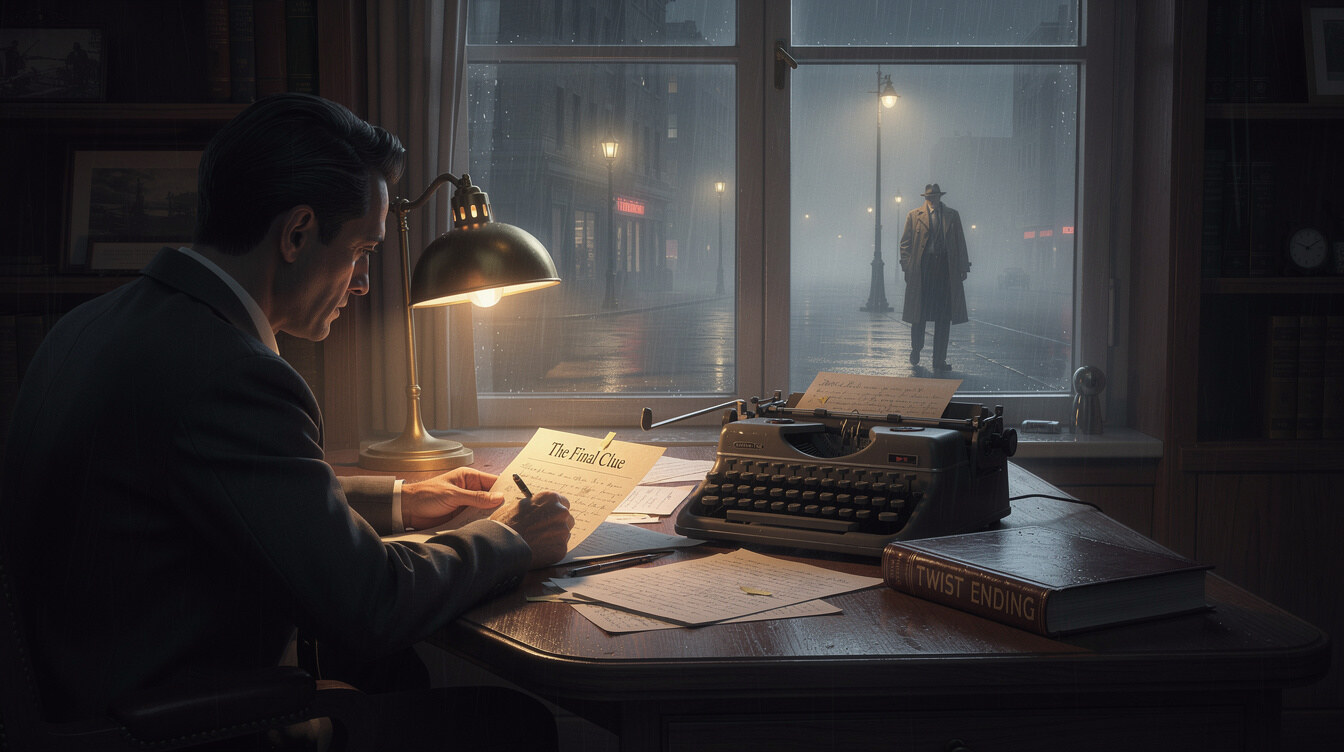 mystery writer at desk