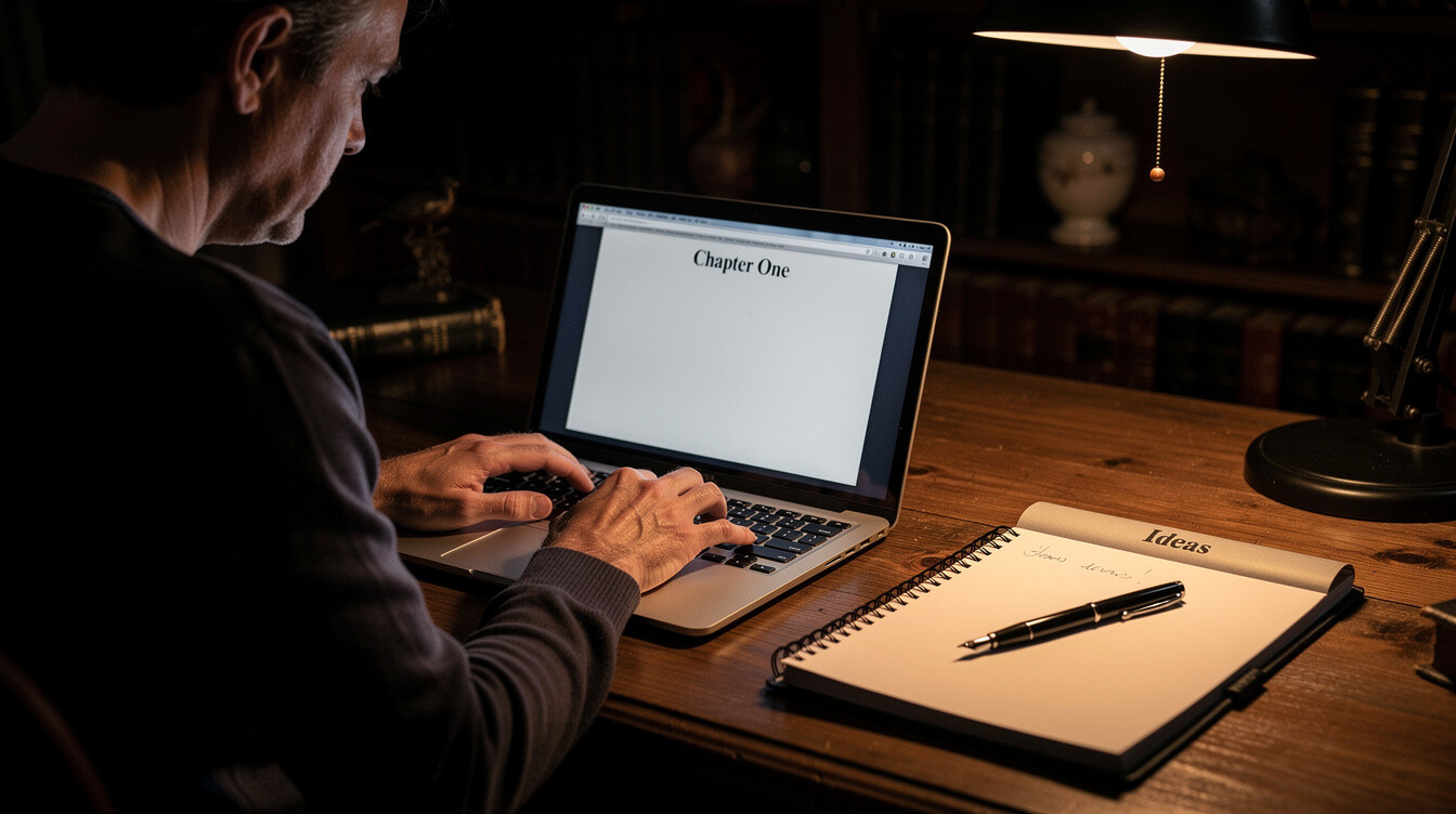 writer at desk with notebook