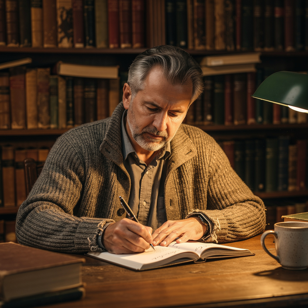Croatian novelist sitting at a writing desk surrounded by bookshelves