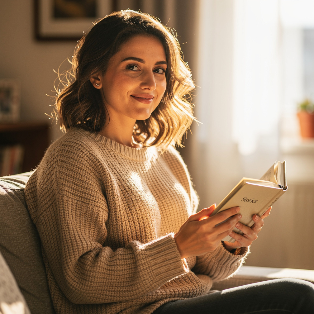 Portrait of a Croatian woman in her thirties reading a book at home