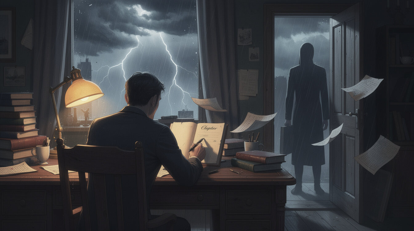 writer at desk with notebook