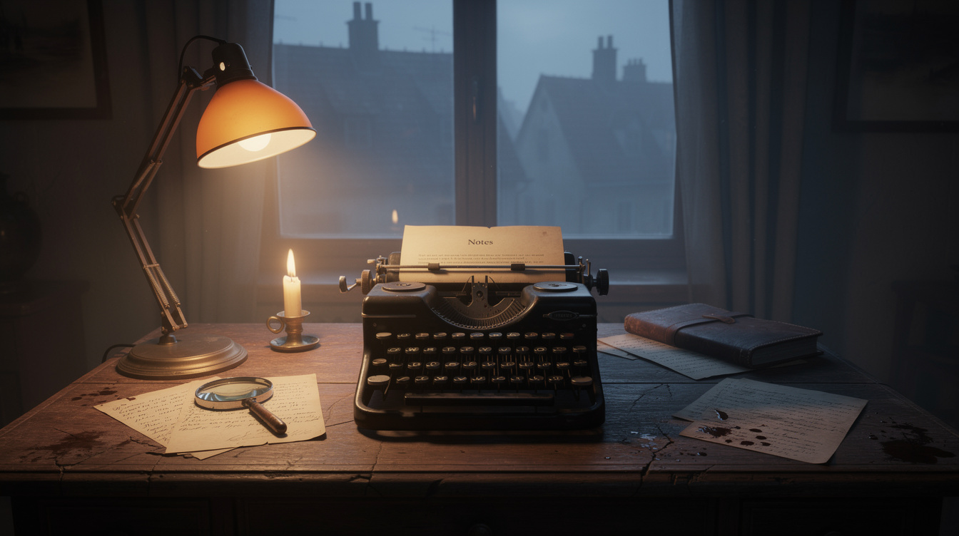Moody writer's desk at night with typewriter, candle and foggy window overlooking old town rooftops