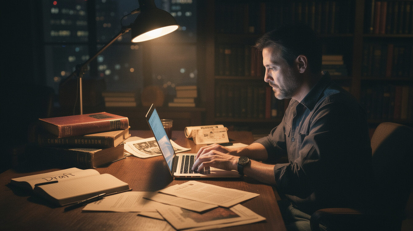 author writing at desk