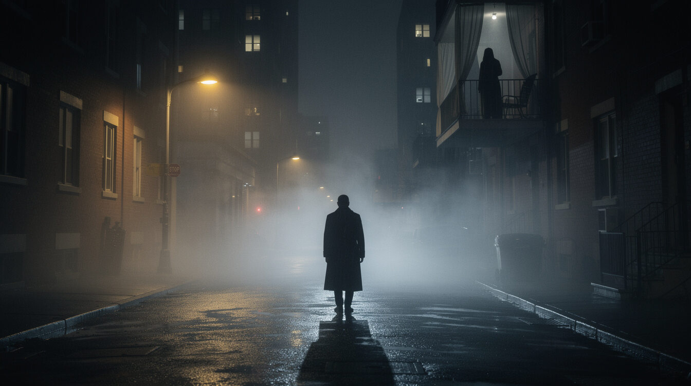 person walking in foggy street